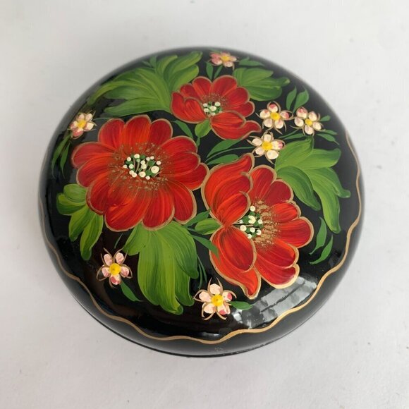 Vintage Ukraine Ukrainian Hand-Painted Trinket Bowl Dish Lidded Floral Lacquered - Picture 3 of 6